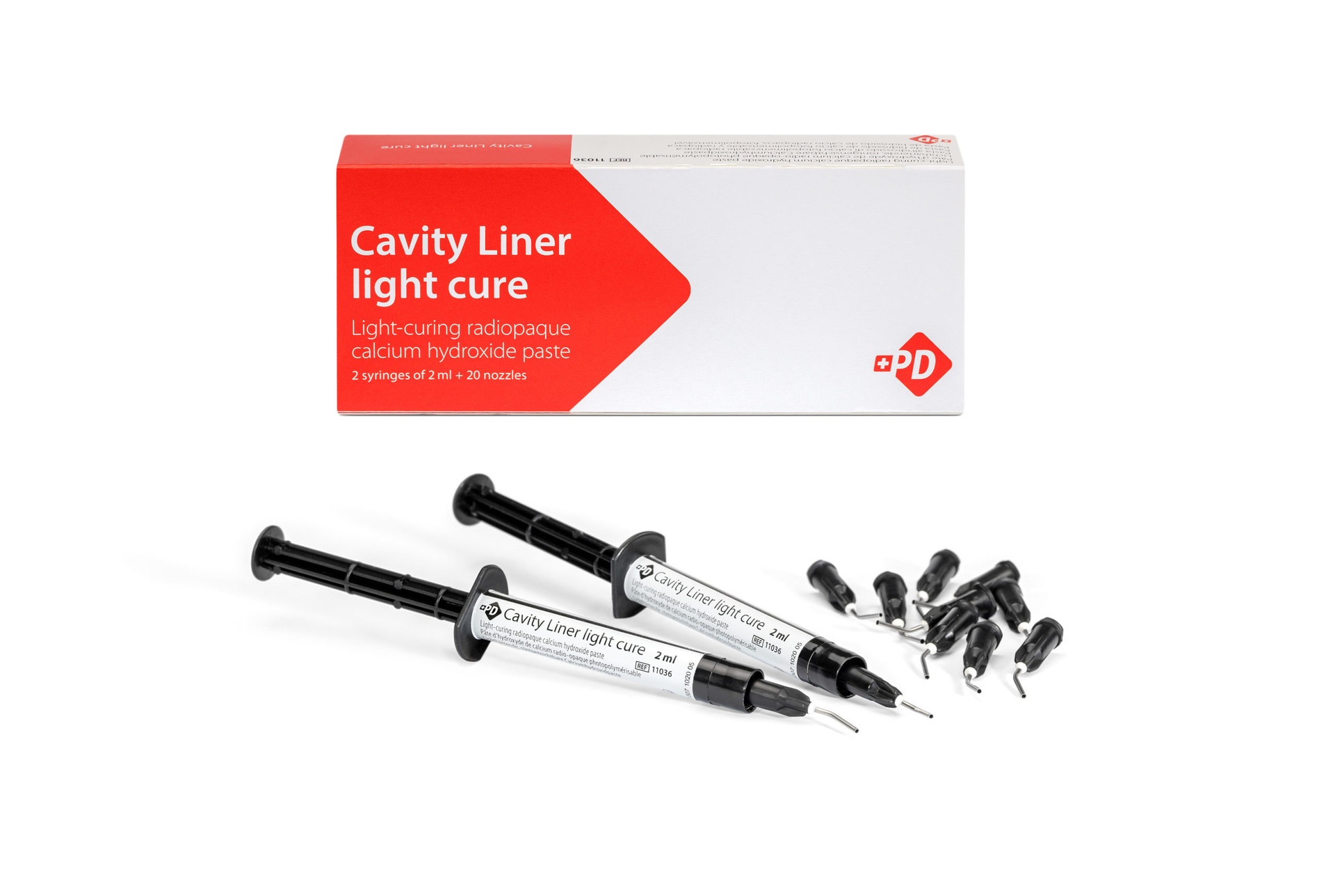 PD Cavity Liner Light Cure, radiopaque and base material specially formulated for use with adhesives, composites and conventional restorative materials, 2 syringes of 2g + 20 nozzles - 11036