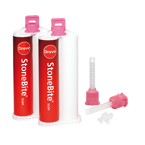Dreve Stone Bite, addition-curing silicone with extreme final hardness of 48 Shore D, suitable for bite registrations and registration keys for support pins,  2x50ml Double Cartridges - D504872