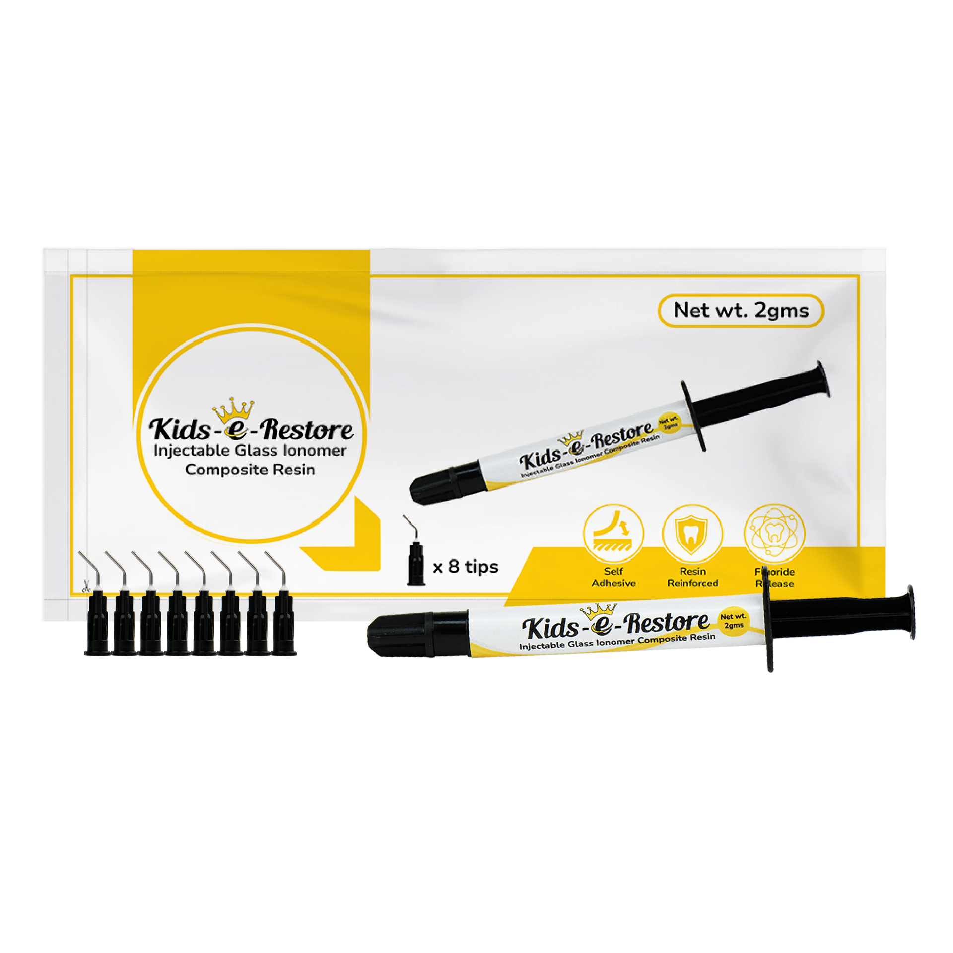 Kids-e-Restore, self-adhesive, light-cured, flowable,  ready to use resin-reinforced glass ionomer restorative, 2g (1 syringe, 8 tips)