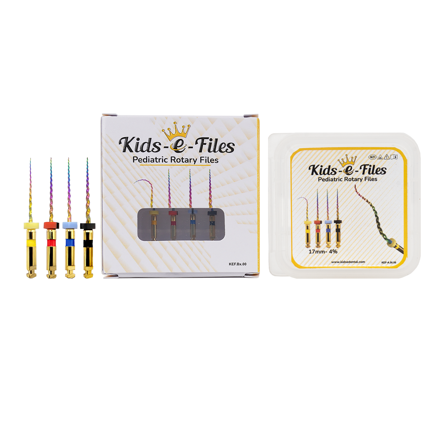 Kids-e-Files, 17mm, heat-treated rainbow rotary files used for effective and efficient root canal, debris removal, cutting efficiency, Assorted Files